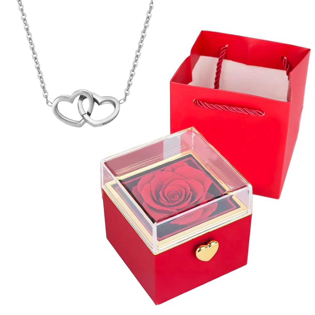 Rose éternelle & Collier Cœurs Entrelacés